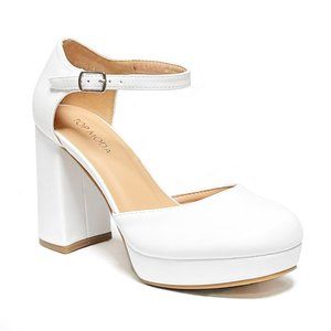 New White Mary Jane Platform Chunky Heel Pumps